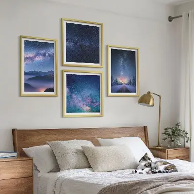 Set de cuadros modernos para salón con diseño de cielo nocturno con montañas nevadas y espacio
