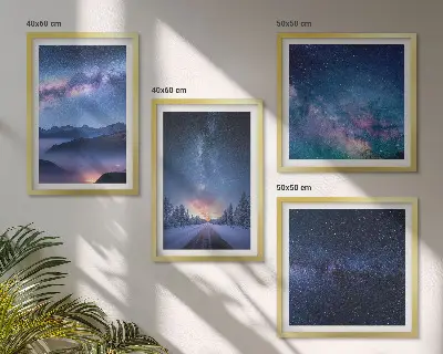 Set de cuadros modernos para salón con diseño de cielo nocturno con montañas nevadas y espacio