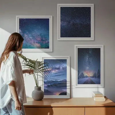 Set de cuadros modernos para salón con diseño de cielo nocturno con montañas nevadas y espacio