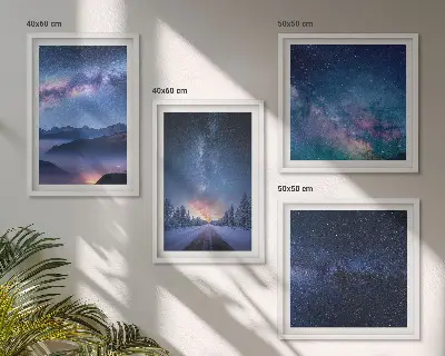 Set de cuadros modernos para salón con diseño de cielo nocturno con montañas nevadas y espacio