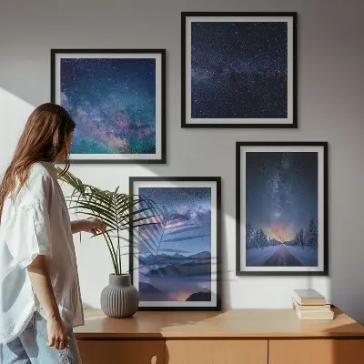 Set de cuadros modernos para salón con diseño de cielo nocturno con montañas nevadas y espacio