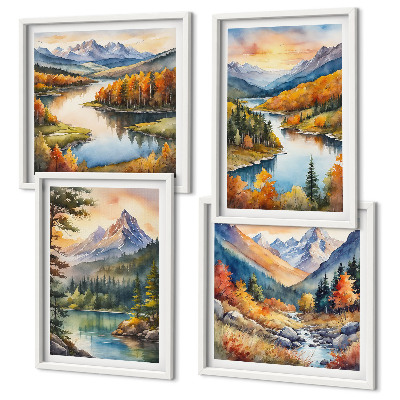 Set de 4 cuadros para salón Paisajes de montaña con un río