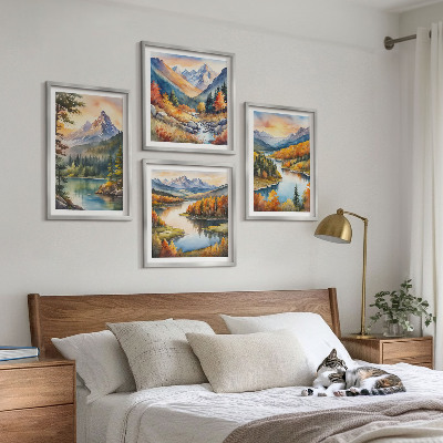 Set de 4 cuadros para salón Paisajes de montaña con un río