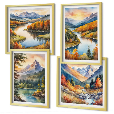 Set de 4 cuadros para salón Paisajes de montaña con un río