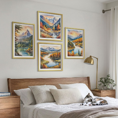 Set de 4 cuadros para salón Paisajes de montaña con un río