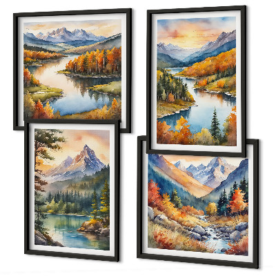 Set de 4 cuadros para salón Paisajes de montaña con un río