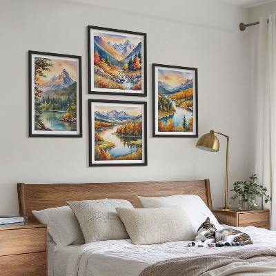 Set de 4 cuadros para salón Paisajes de montaña con un río