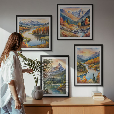 Set de 4 cuadros para salón Paisajes de montaña con un río