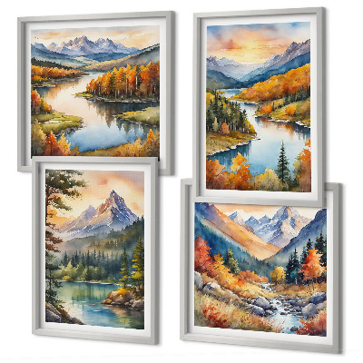 Set de 4 cuadros para salón Paisajes de montaña con un río
