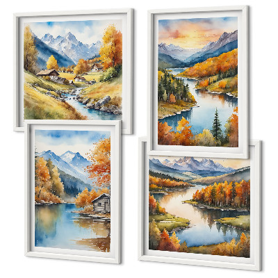 Set de 4 cuadros para salón Cabaña junto al río en las montañas otoñales