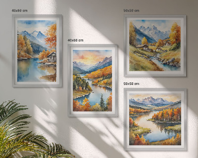 Set de 4 cuadros para salón Cabaña junto al río en las montañas otoñales
