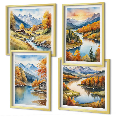 Set de 4 cuadros para salón Cabaña junto al río en las montañas otoñales