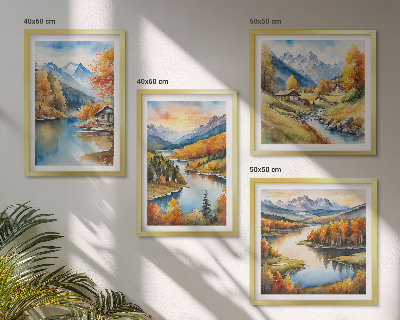 Set de 4 cuadros para salón Cabaña junto al río en las montañas otoñales