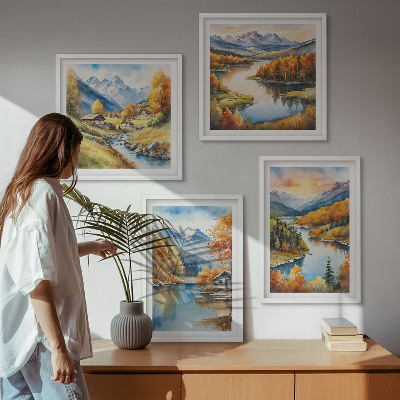 Set de 4 cuadros para salón Cabaña junto al río en las montañas otoñales