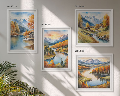 Set de 4 cuadros para salón Cabaña junto al río en las montañas otoñales