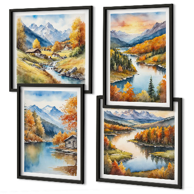 Set de 4 cuadros para salón Cabaña junto al río en las montañas otoñales