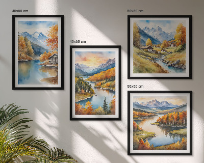 Set de 4 cuadros para salón Cabaña junto al río en las montañas otoñales
