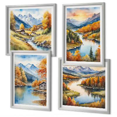 Set de 4 cuadros para salón Cabaña junto al río en las montañas otoñales