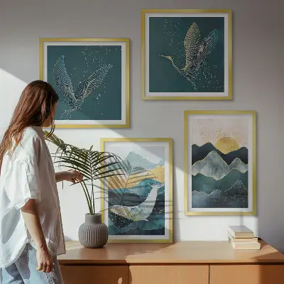 Set de cuadros modernos para salón diseño abstracto de montañas y grúas