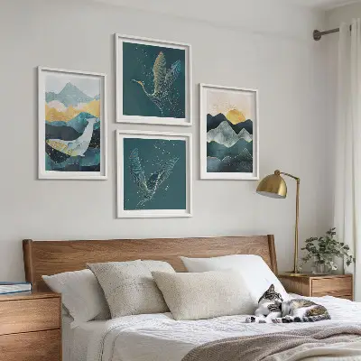 Set de cuadros modernos para salón diseño abstracto de montañas y grúas