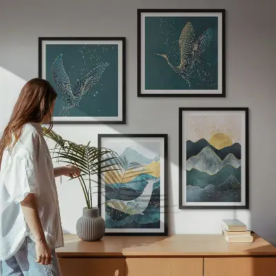Set de cuadros modernos para salón diseño abstracto de montañas y grúas