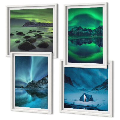 Set de 4 cuadros para salón Paisaje invernal con aurora boreal