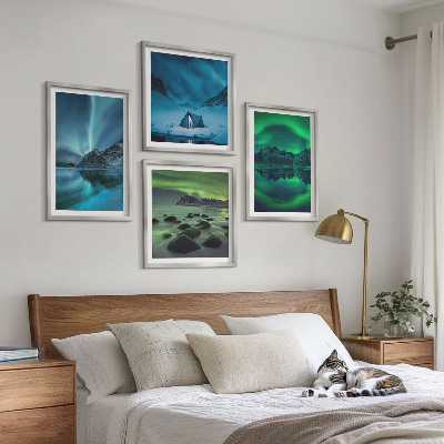 Set de 4 cuadros para salón Paisaje invernal con aurora boreal