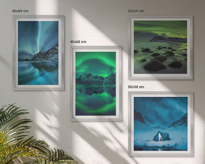 Set de 4 cuadros para salón Paisaje invernal con aurora boreal