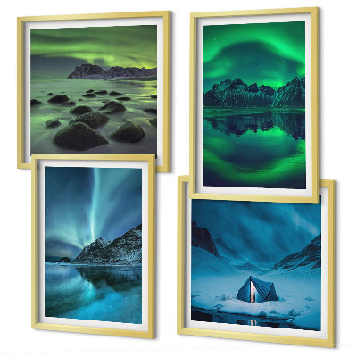 Set de 4 cuadros para salón Paisaje invernal con aurora boreal