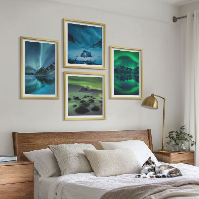 Set de 4 cuadros para salón Paisaje invernal con aurora boreal