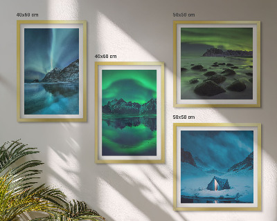 Set de 4 cuadros para salón Paisaje invernal con aurora boreal
