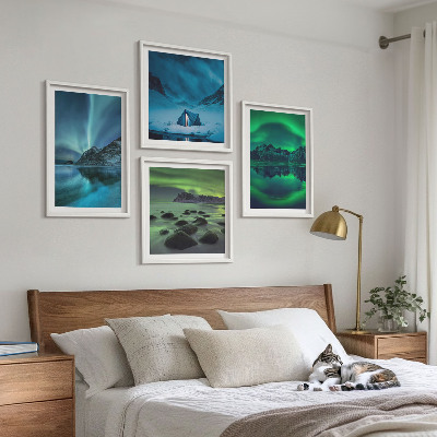 Set de 4 cuadros para salón Paisaje invernal con aurora boreal