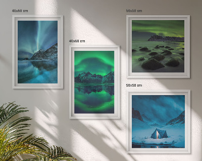 Set de 4 cuadros para salón Paisaje invernal con aurora boreal