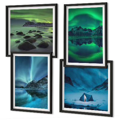 Set de 4 cuadros para salón Paisaje invernal con aurora boreal