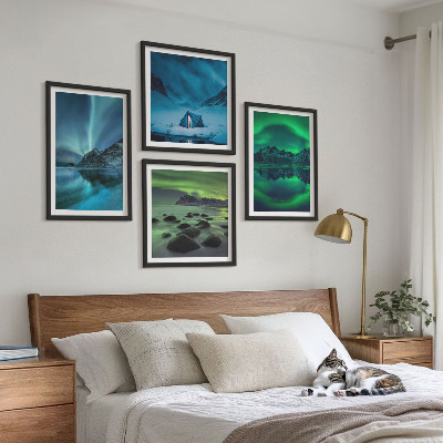 Set de 4 cuadros para salón Paisaje invernal con aurora boreal