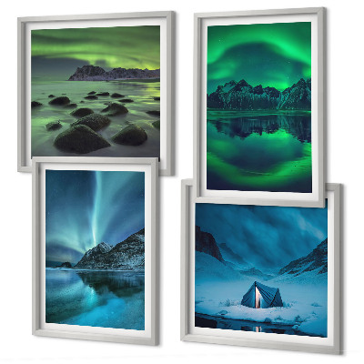 Set de 4 cuadros para salón Paisaje invernal con aurora boreal