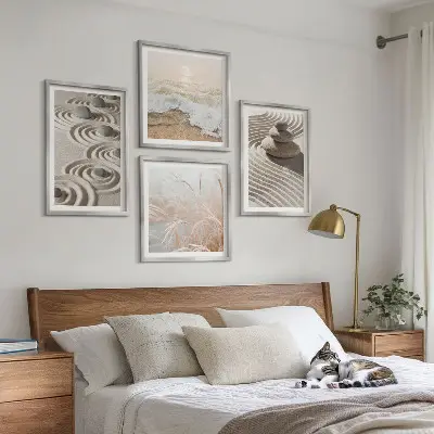 Set de cuadros modernos para salón con diseño de olas, arena, agua, piedras y playa