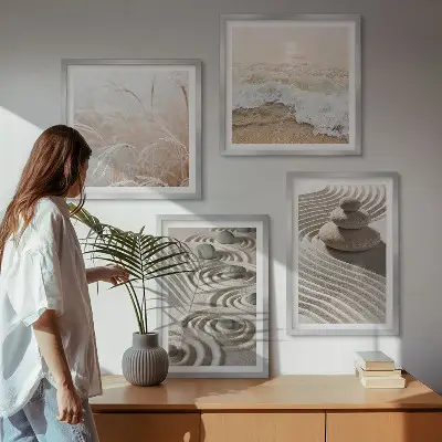 Set de cuadros modernos para salón con diseño de olas, arena, agua, piedras y playa