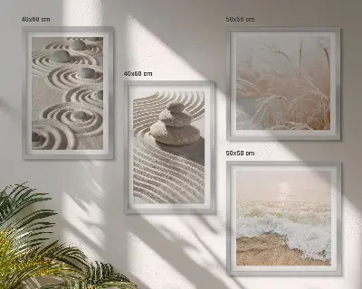Set de cuadros modernos para salón con diseño de olas, arena, agua, piedras y playa