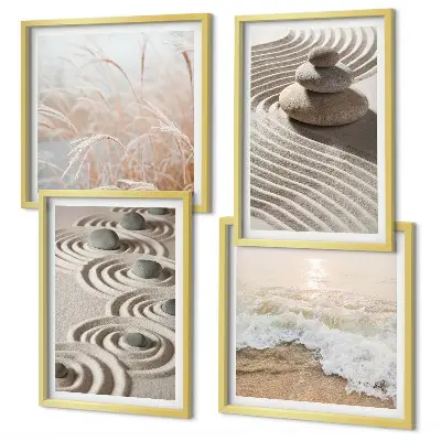Set de cuadros modernos para salón con diseño de olas, arena, agua, piedras y playa