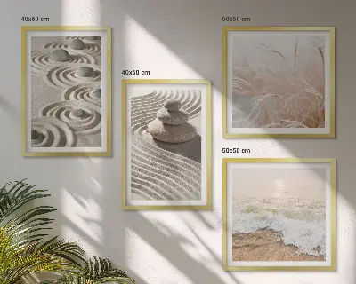 Set de cuadros modernos para salón con diseño de olas, arena, agua, piedras y playa
