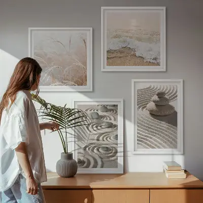 Set de cuadros modernos para salón con diseño de olas, arena, agua, piedras y playa