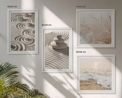 Set de cuadros modernos para salón con diseño de olas, arena, agua, piedras y playa