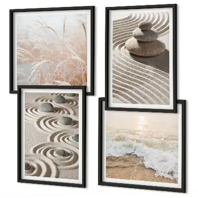 Set de cuadros modernos para salón con diseño de olas, arena, agua, piedras y playa