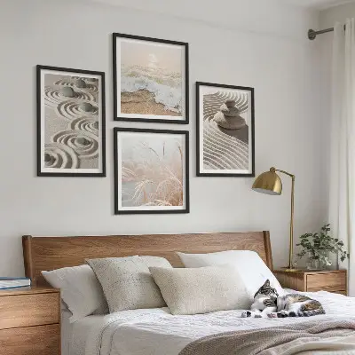 Set de cuadros modernos para salón con diseño de olas, arena, agua, piedras y playa