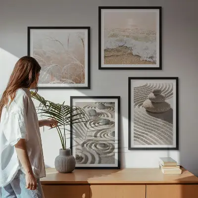 Set de cuadros modernos para salón con diseño de olas, arena, agua, piedras y playa