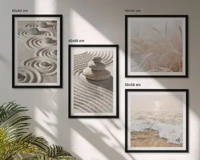 Set de cuadros modernos para salón con diseño de olas, arena, agua, piedras y playa