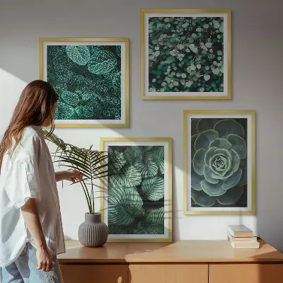 Set de 4 cuadros para salón con diseño de hojas suculentas verdes