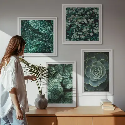Set de 4 cuadros para salón con diseño de hojas suculentas verdes