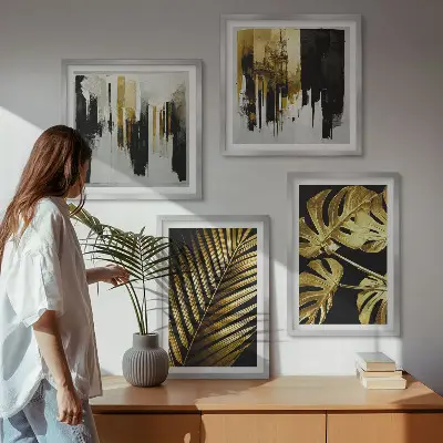 Galería de pared con diseño abstracto de hojas de palma monstera